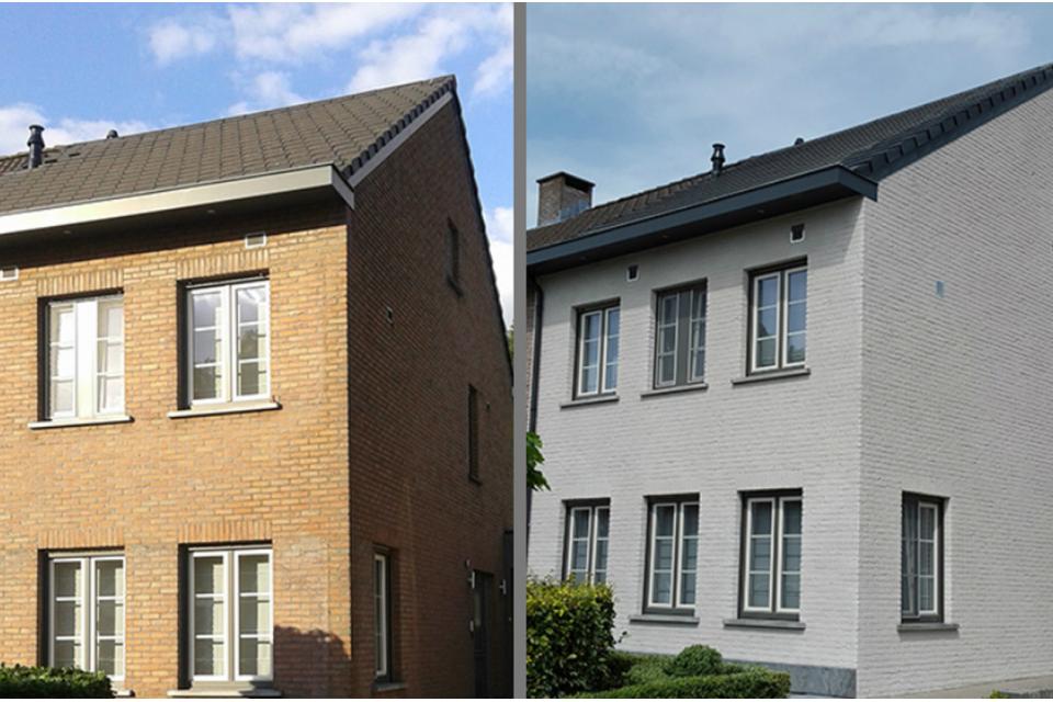 twee huizen met scheidingslijn, oranje muren, witte muren